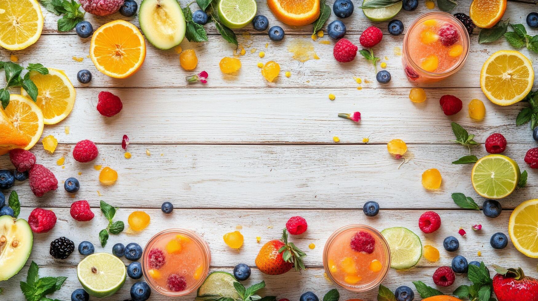 Colorful fruit and refreshing drinks arranged artistically on a wooden table in sunny weather photo