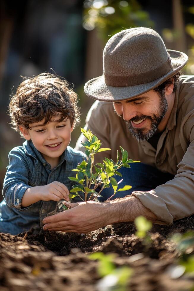 Child plants a young tree with help in a garden during sunny afternoon photo