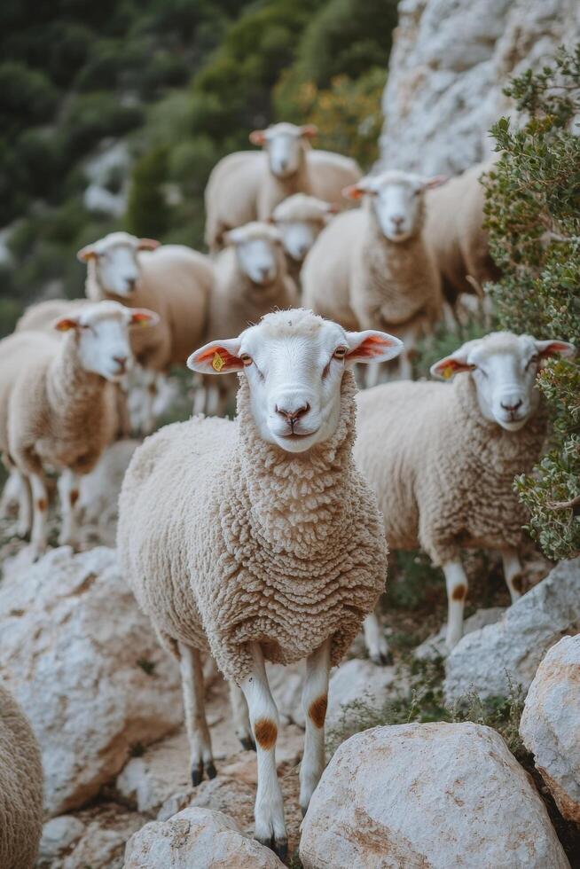 Sheep grazing among rocky terrain in a serene countryside setting photo