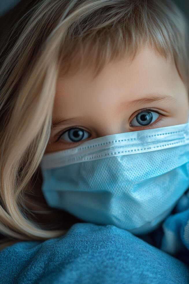 Child wearing a knitted hat and mask, embracing a parent indoors during winter photo