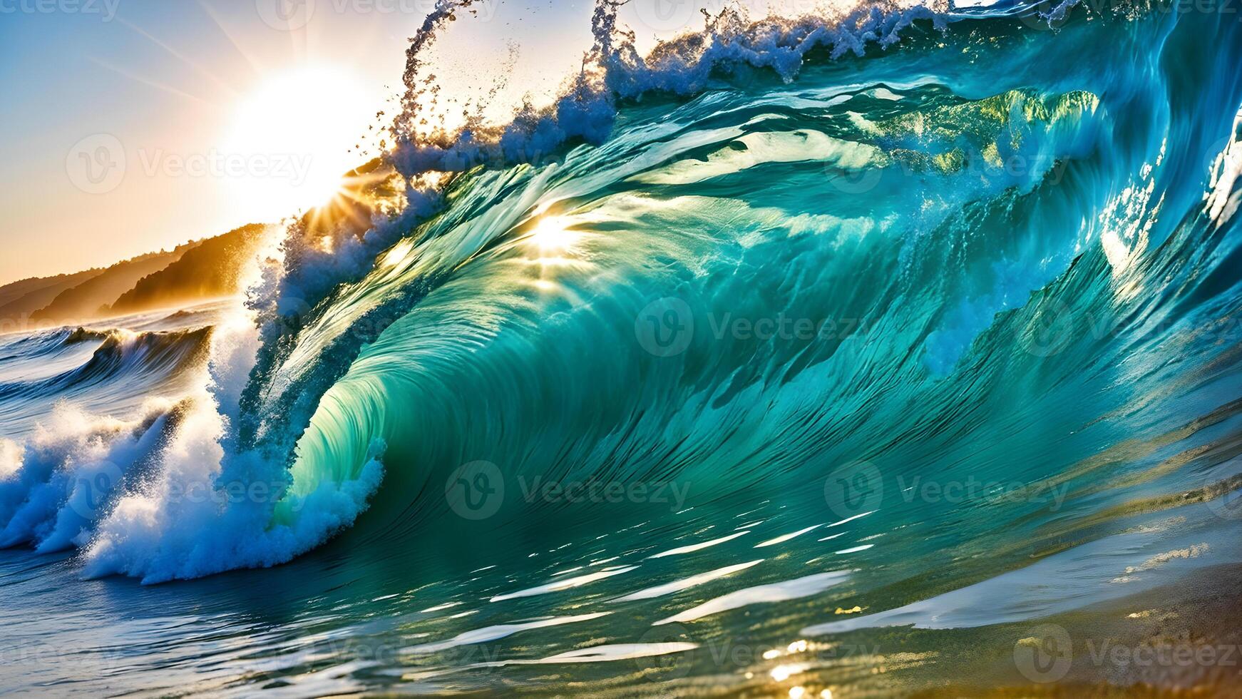 Low angle shot of side view turquoise wave on sand beach against clear blue sky, island and sun light ray seascape scene photo