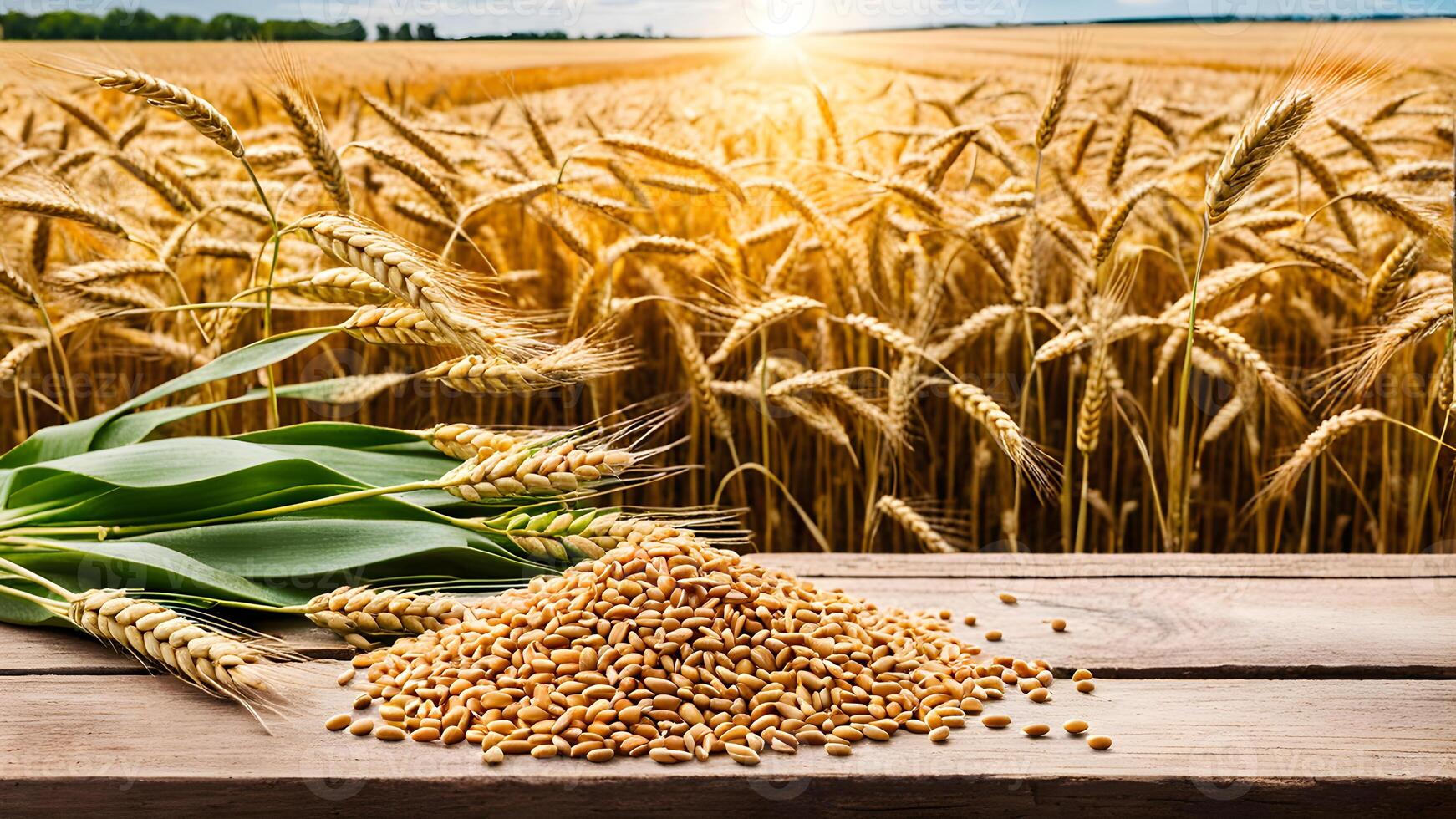 Pile of wheat grain seeds and ear of wheats on wooden table with brown wheat field range view and sun light ray on background photo