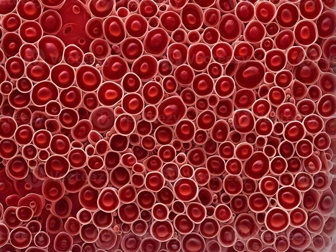 Microbiology shot of red blood cells clustered within a human capillary emphasis on the intricate cell wall texture and the fluid dynamics structure photo