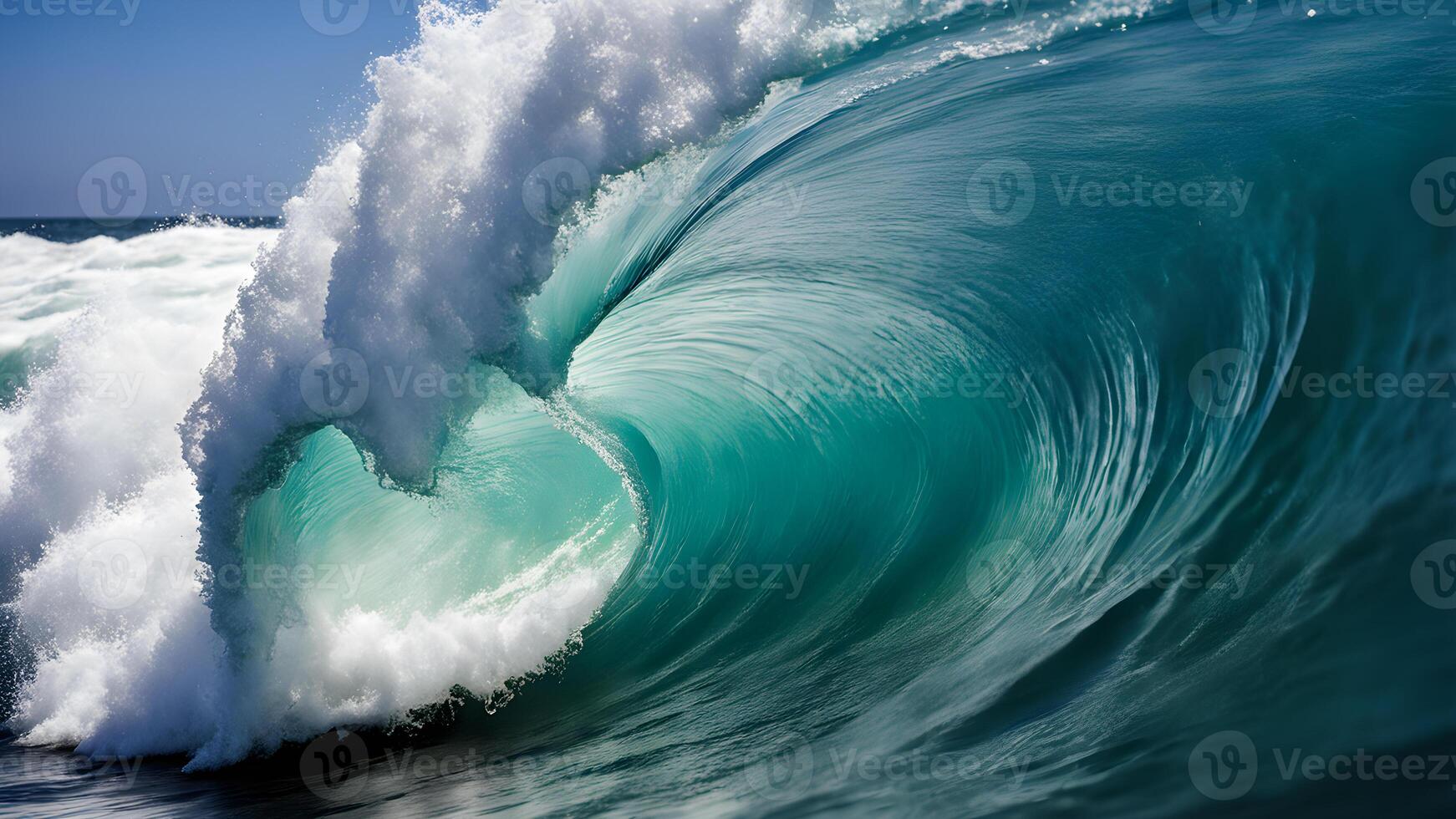 Close up side view of turquoise big wave in the ocean against clear blue sky seascape scene photo