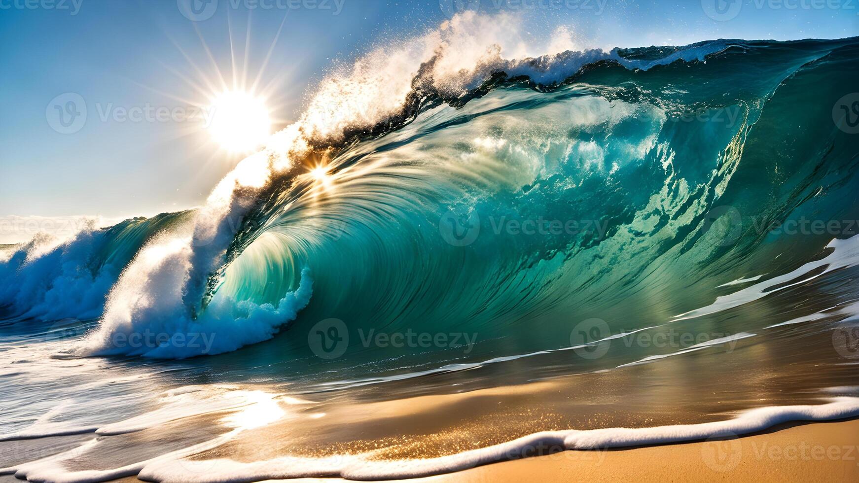 Close up of ocean turquoise wave near by sand beach against with sun light seascape scene photo