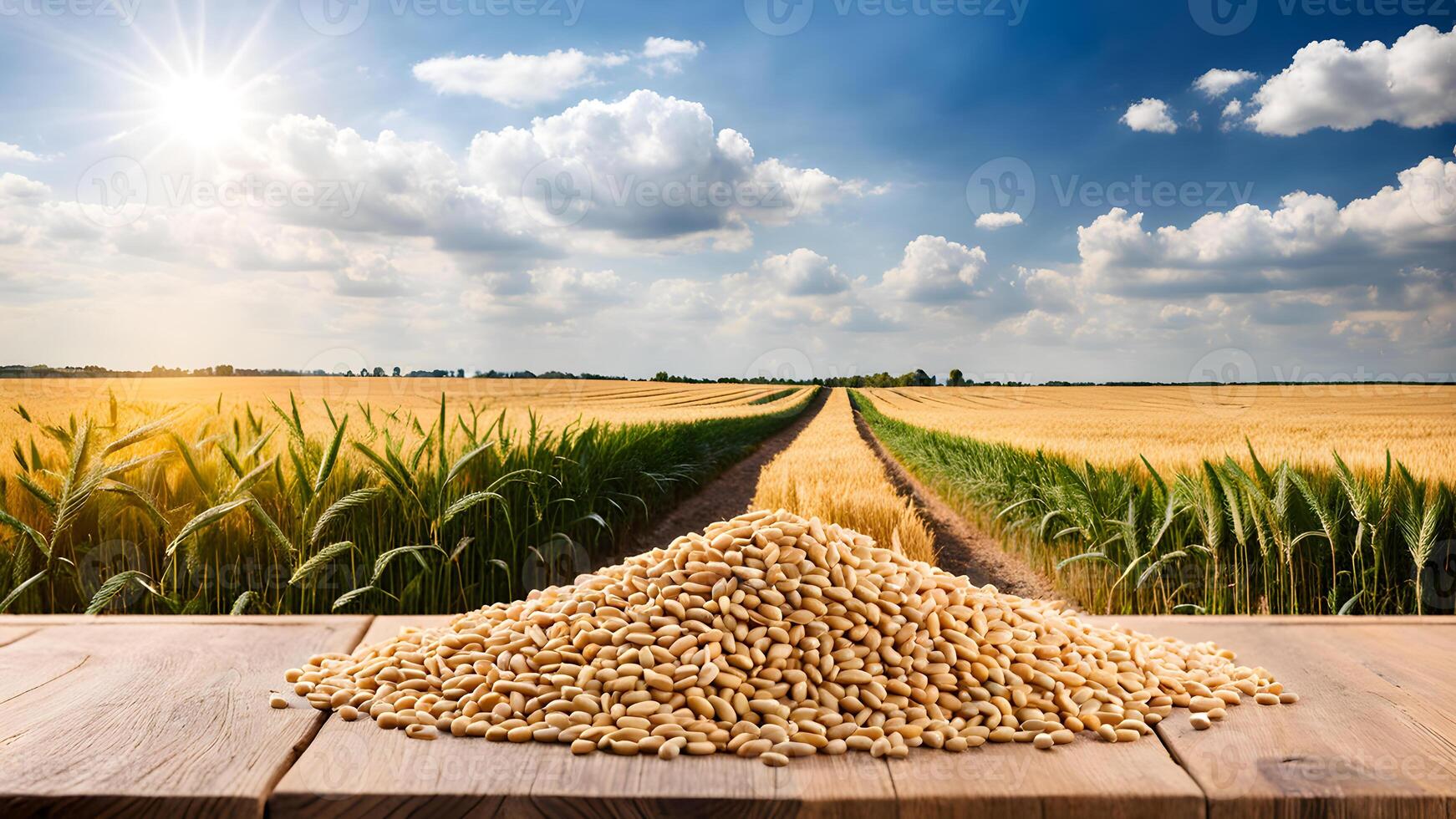 Wheat grain seeds on wooden table with wheat field view background against beautiful blue sky and sun light ray photo