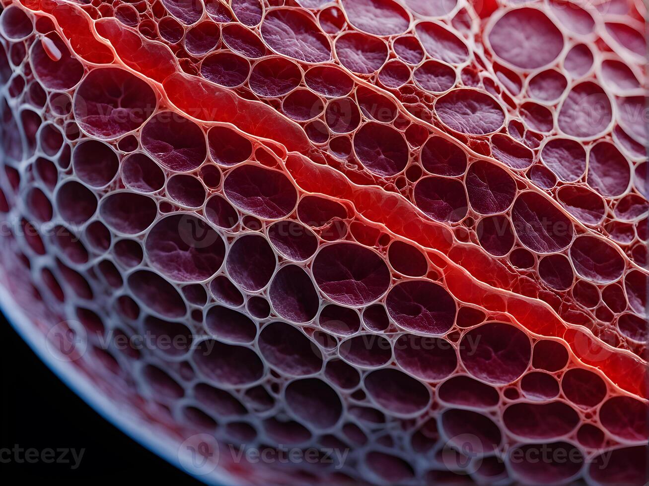 Macro shot of red human blood vein showcasing the intricate interplay between the red cells and translucent cells structure form photo