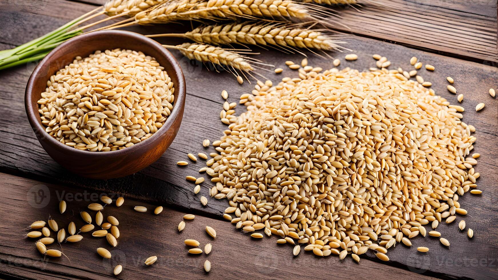 Close up of Wheat grain seeds in wooden bowl and wheat seeds stack adorned by ear of wheat on wooden table photo