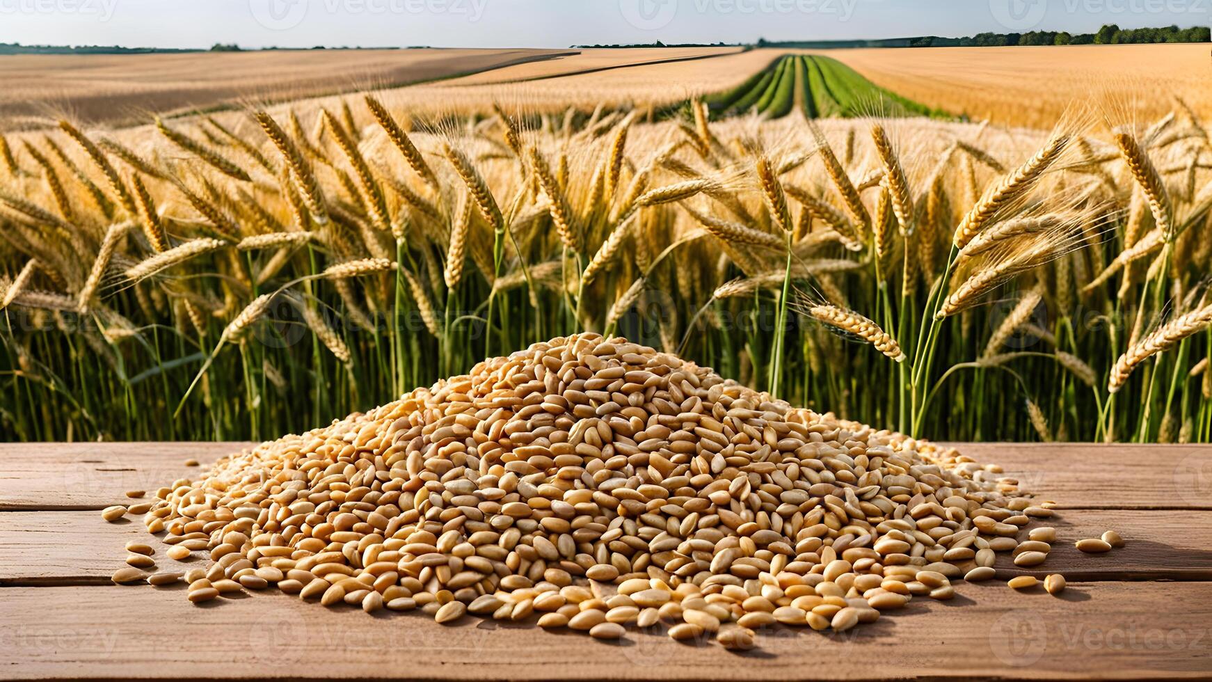 Yellow wheat grain seeds stack on wooden table with green wheat field view and rural background photo