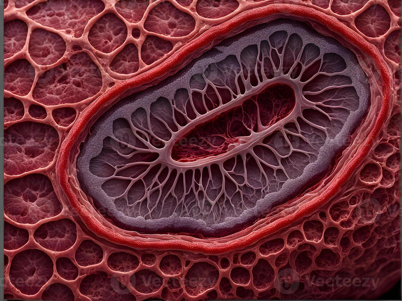 Close up of a cross section of a human vein showcasing the intertwined patterns of human blood and elements form structure photo