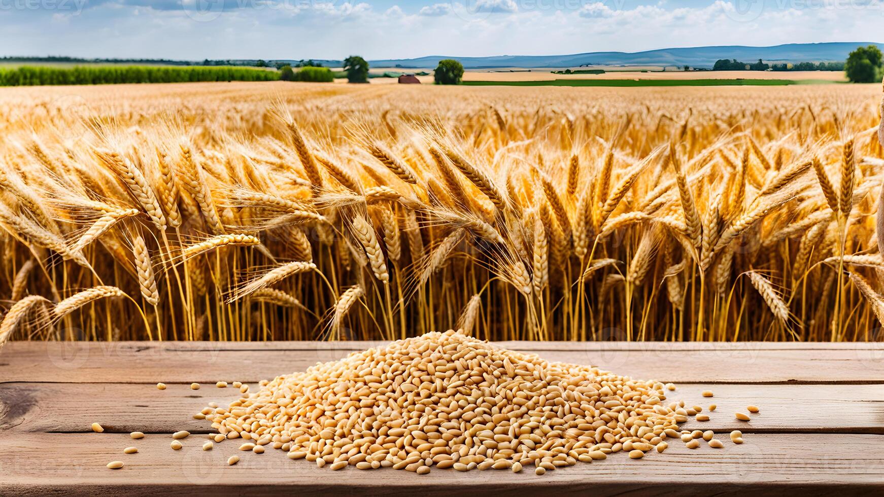 Yellow wheat grain seeds stack on wooden table with golden wheat field view and rural background photo
