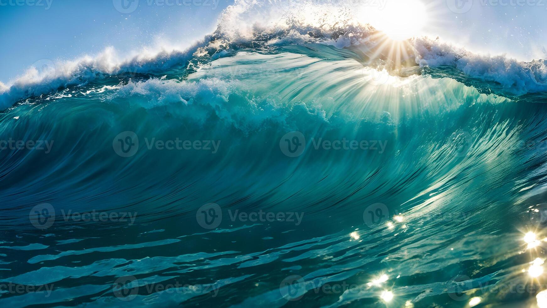 Close up front view of turquoise big wave in the ocean against sun light ray and clear blue sky seascape scene photo