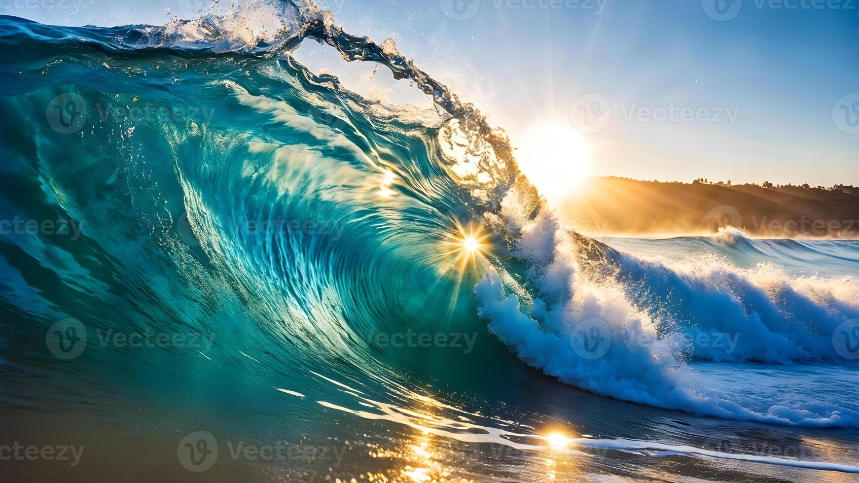 Eye level shot of side view big wave in sea against island view and sun light ray seascape scene photo
