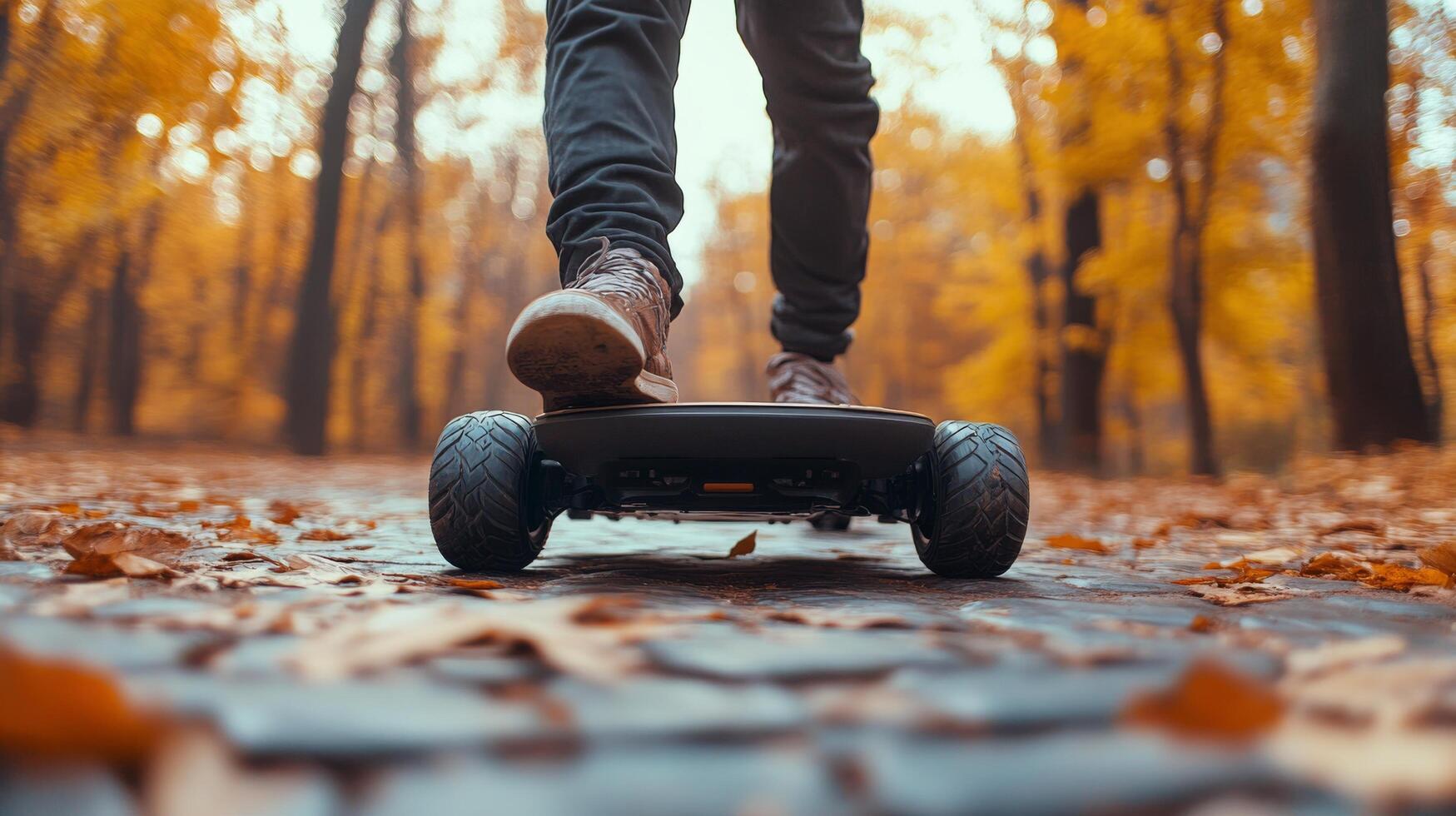 Person riding an electric skateboard on a cobblestone path during autumn in a forest photo