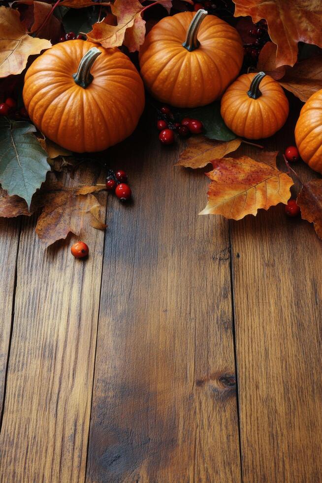 Orange pumpkins surrounded by autumn leaves and berries on a rustic wooden surface photo