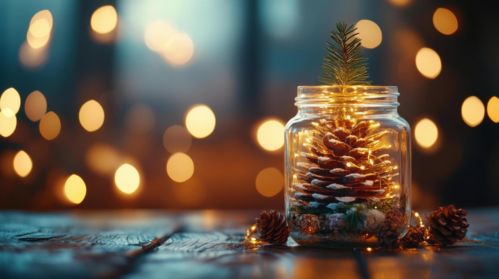 Cozy winter scene with a decorated pine cone in a jar illuminated by warm lights photo