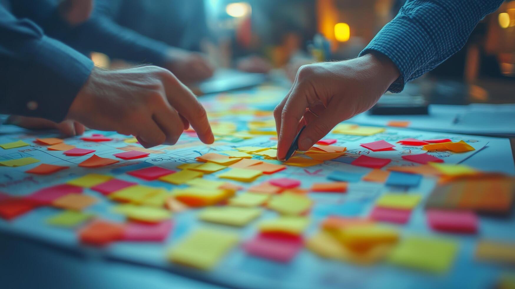 Team collaboration in a creative workspace during a brainstorming session with sticky notes photo