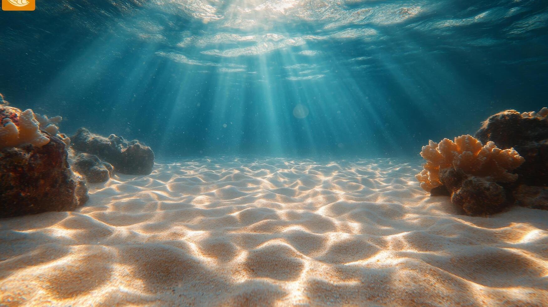 Sunlight filtering through clear turquoise water reveals a sandy ocean floor with coral formations photo