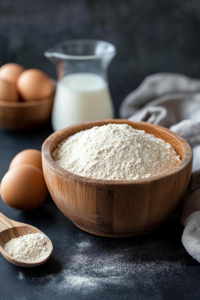 Flour in a wooden bowl and eggs on a table photo
