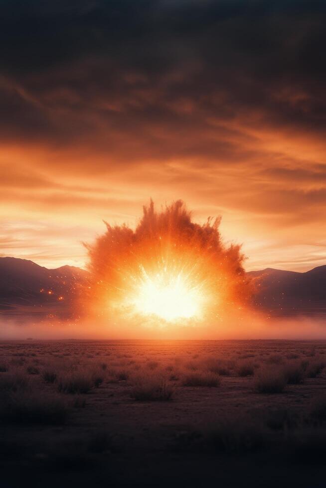 Dramatic volcanic eruption creating a massive ash cloud over a barren landscape at dusk photo