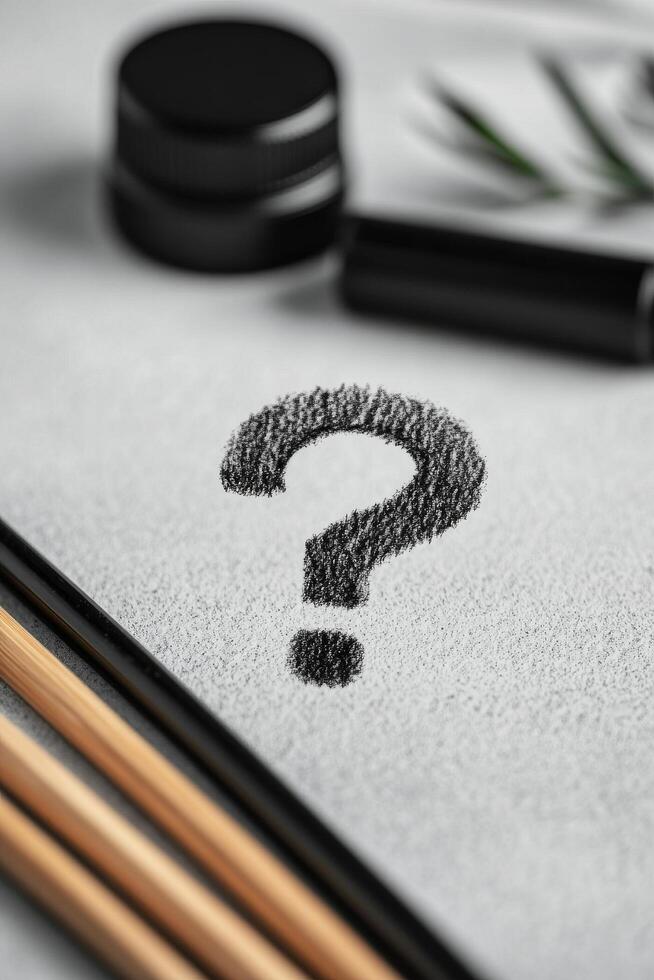 Creative workspace with a question mark drawn in charcoal among pencils and tools photo