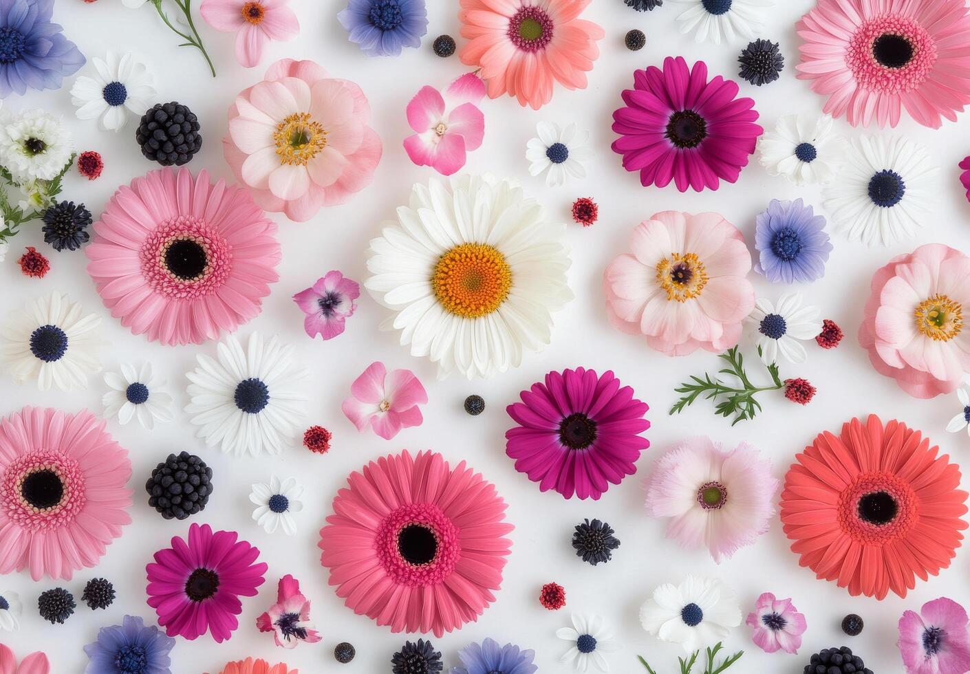 Colorful arrangement of various flowers laid out on a white background for decorative purposes photo