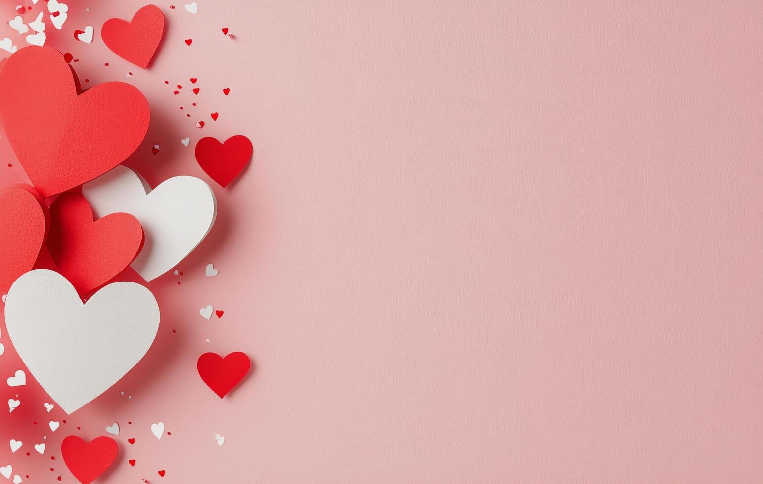 Colorful paper hearts scattered on a soft pink background for a romantic celebration photo