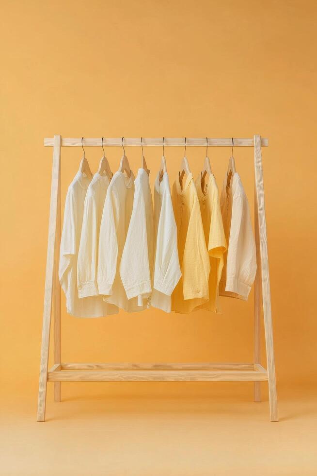 Colorful display of yellow and white garments arranged on a wooden rack against an orange background photo