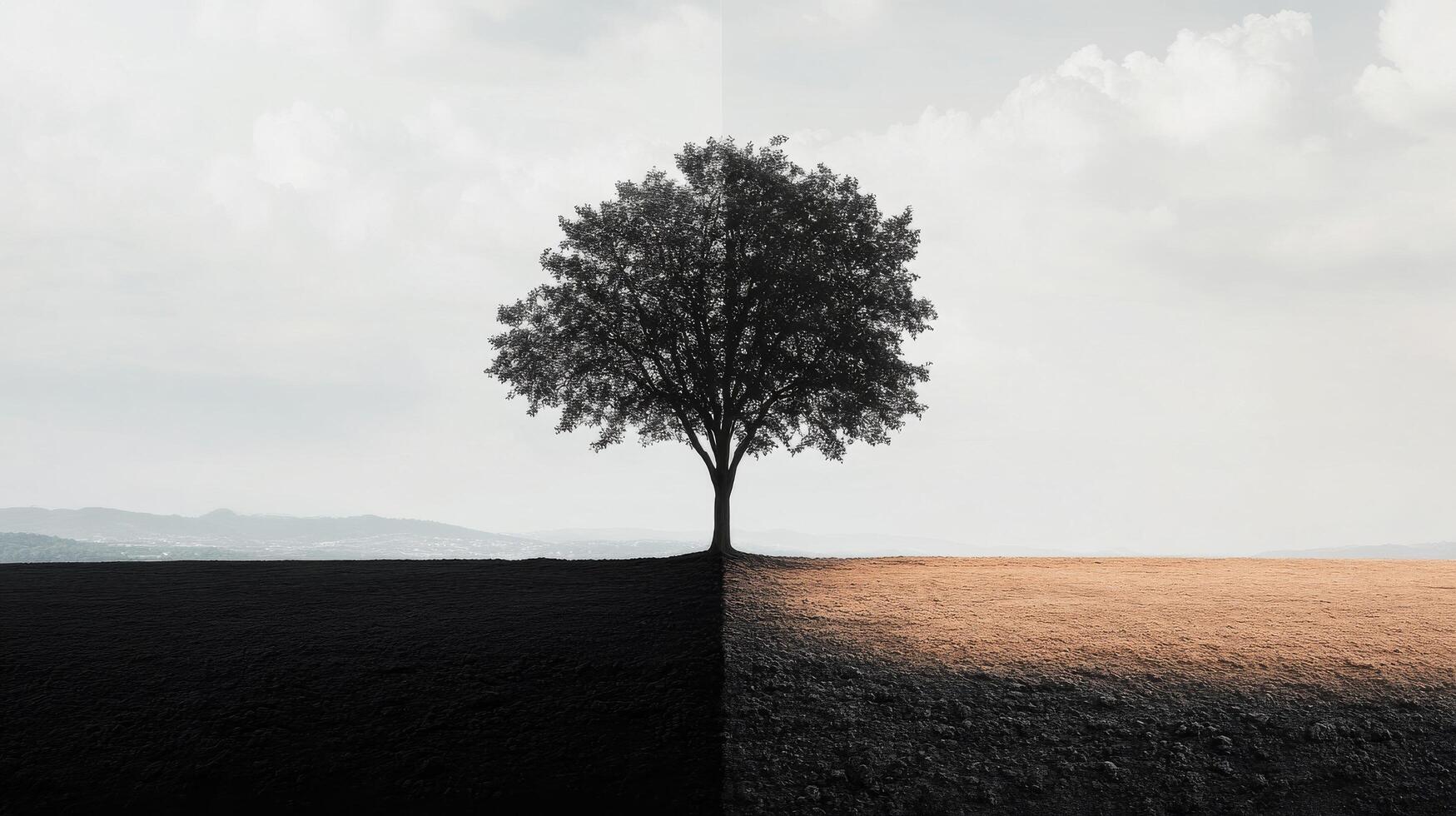 A tree stands at the boundary of contrasting light and darkness in a serene landscape photo