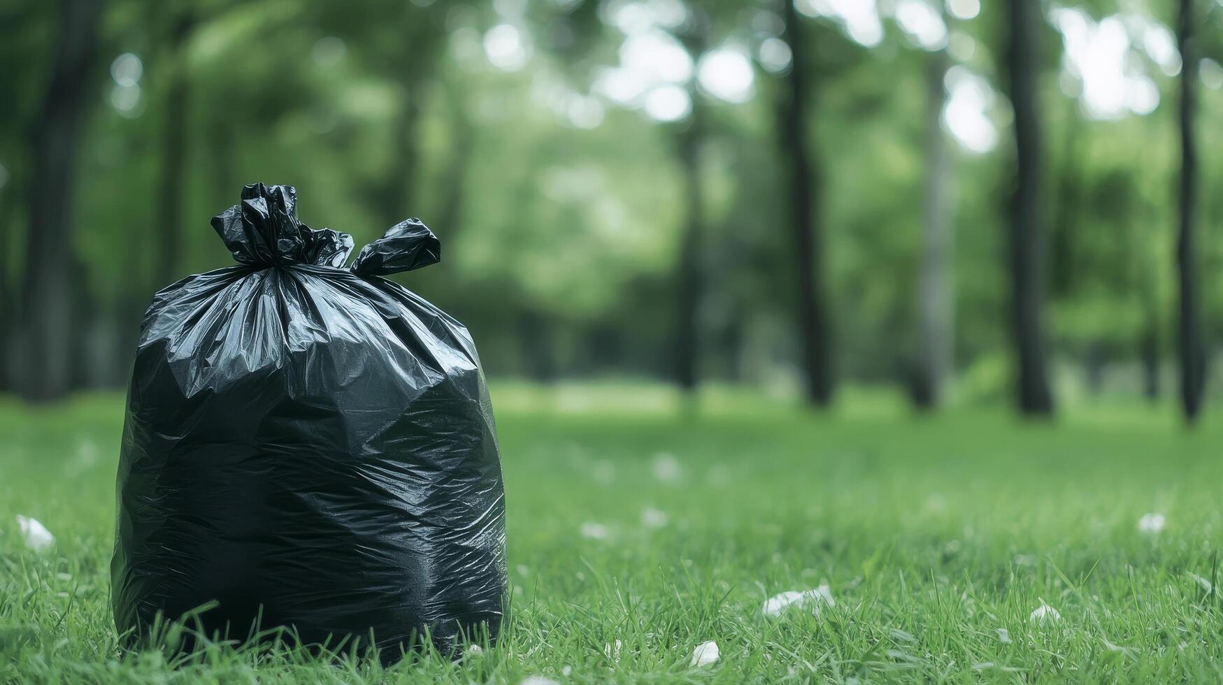 A black garbage bag placed on green grass in a serene forest setting during daytime photo
