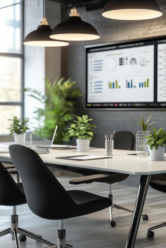Modern office meeting room with plants and a large screen displaying data and graphics photo
