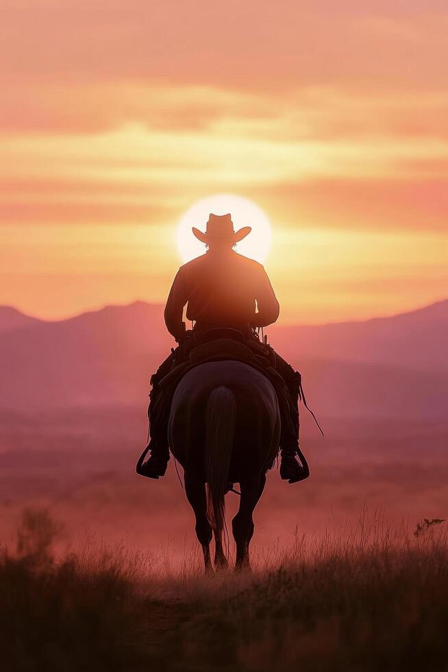 Cowboy riding a horse during sunset in a serene mountain landscape photo
