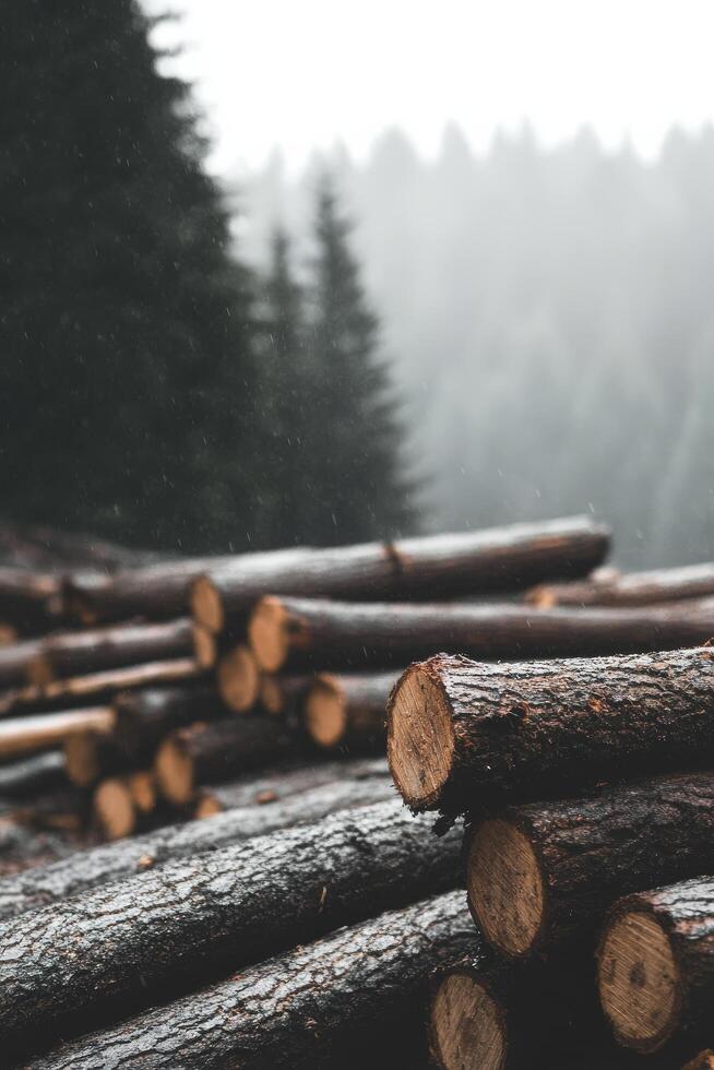 Stacked logs resting in a forest with misty mountains in the background during daytime photo