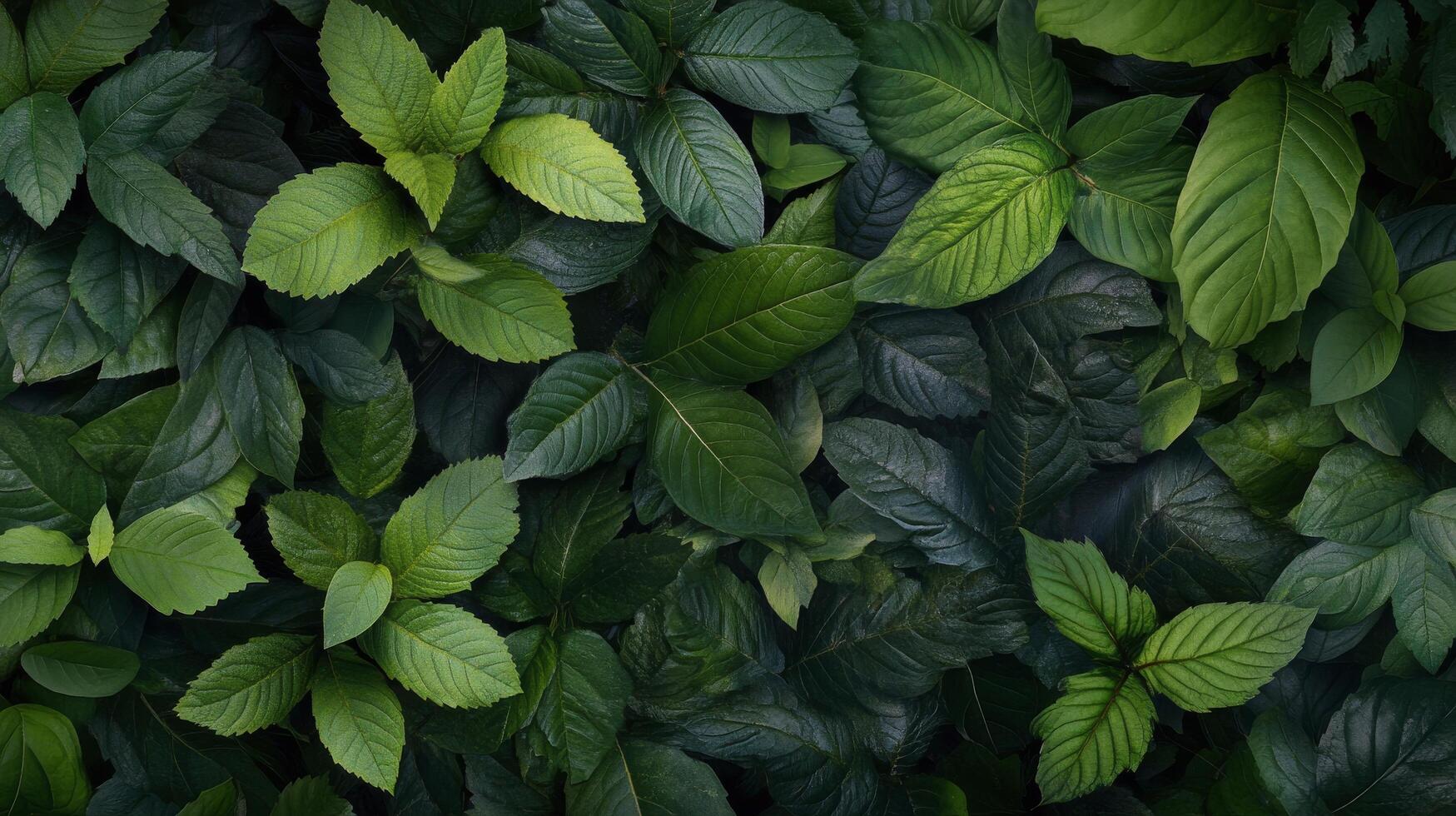 Vibrant green leaves create a lush, natural pattern in a serene forest setting during daylight photo