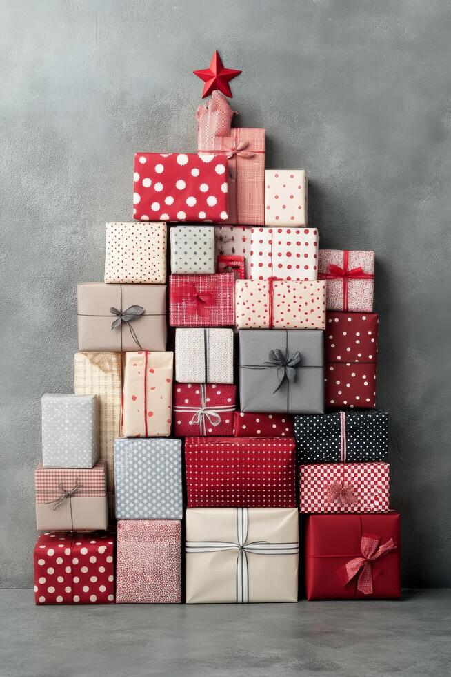 A festive arrangement of colorful wrapped gifts stacked in the shape of a Christmas tree photo