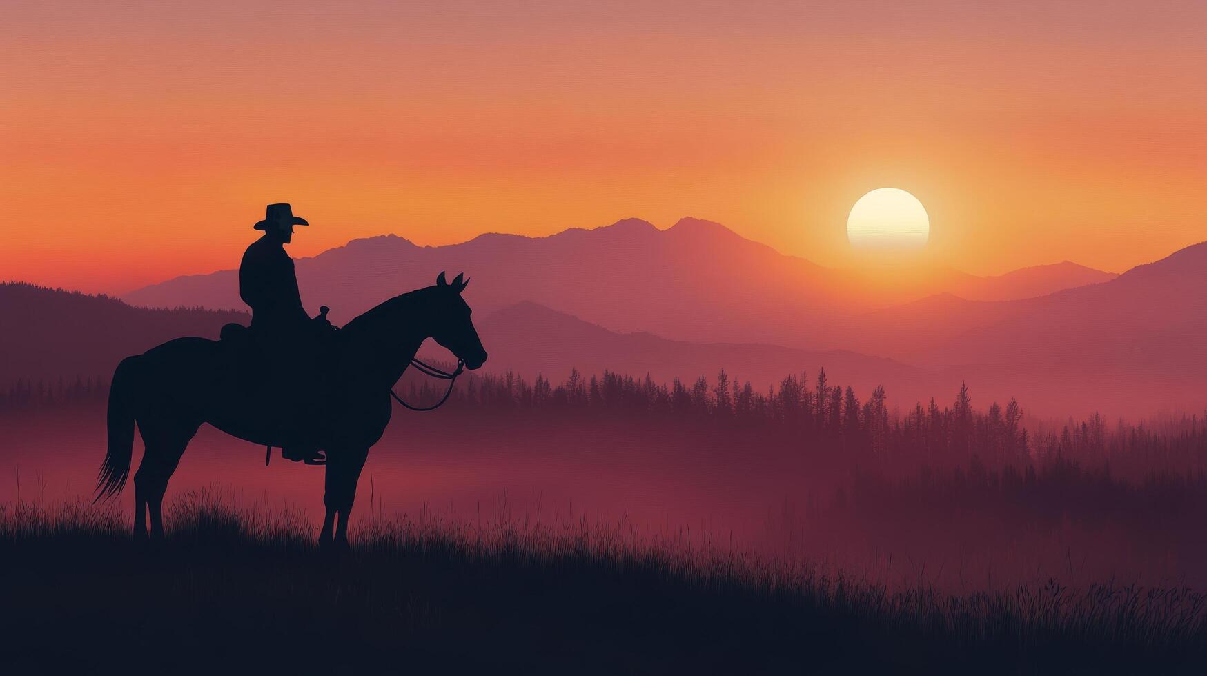 Silhouette of a cowboy on horseback against a vibrant sunset over misty mountains photo