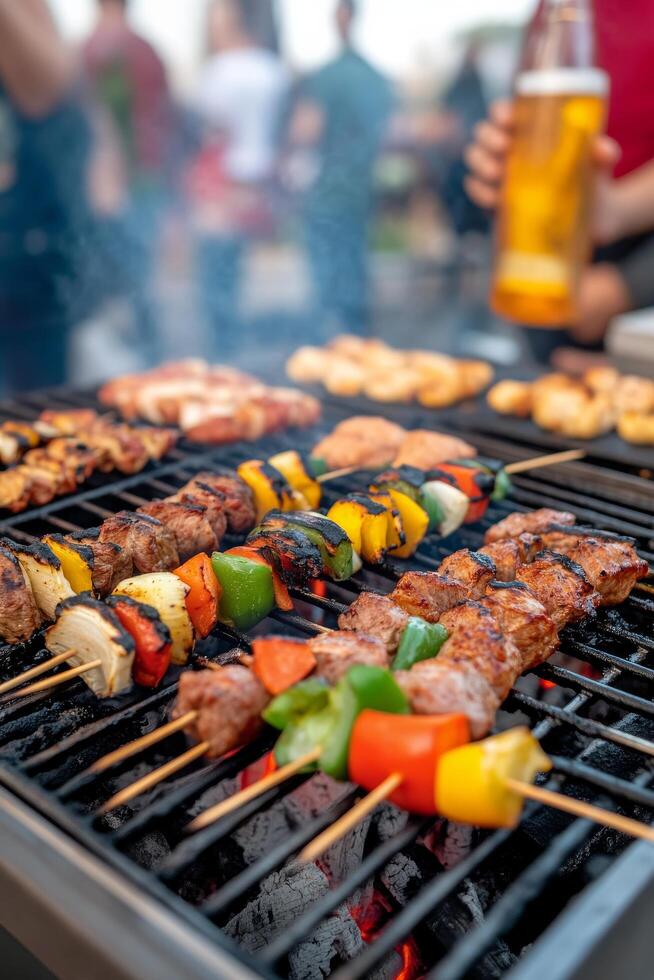 Grilling skewers with colorful vegetables and meat during a sunny afternoon barbecue gathering photo