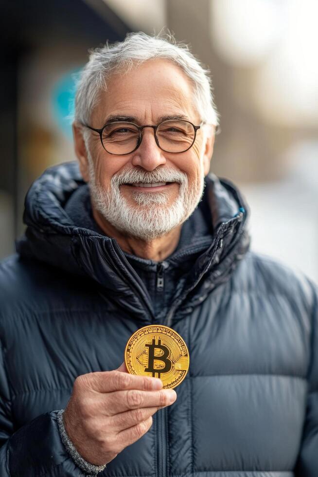 Elderly man holds a golden Bitcoin replica while smiling in a cozy indoor setting photo