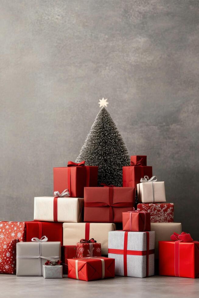 A festive arrangement of colorful wrapped gifts stacked in the shape of a Christmas tree photo