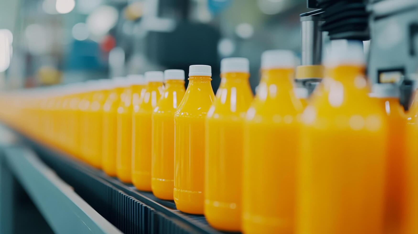 Bottles of orange juice moving along a production line in a busy factory during daylight hours photo