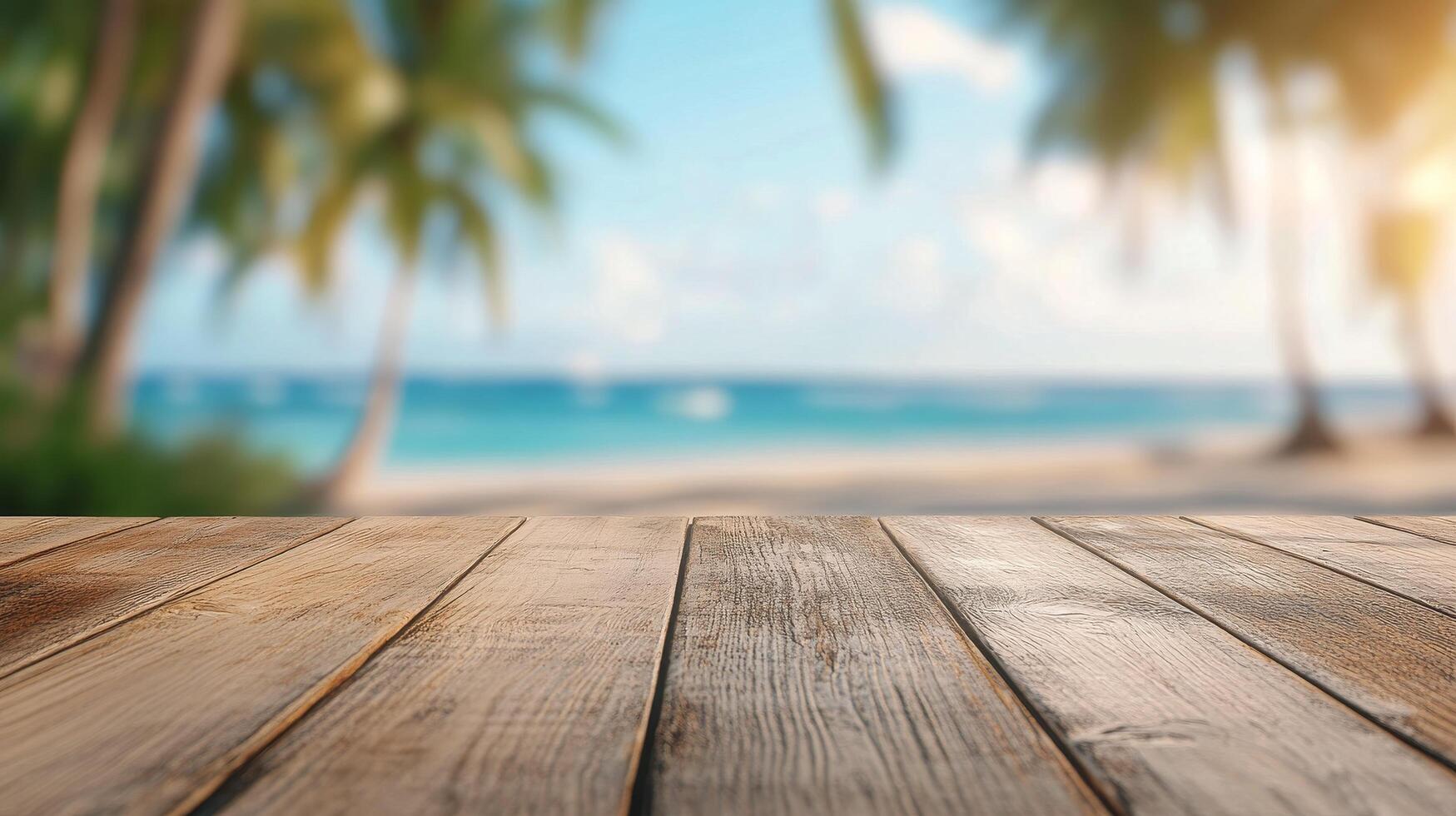 A wooden table with a seaside view of a tranquil beach and palm trees during sunny weather photo