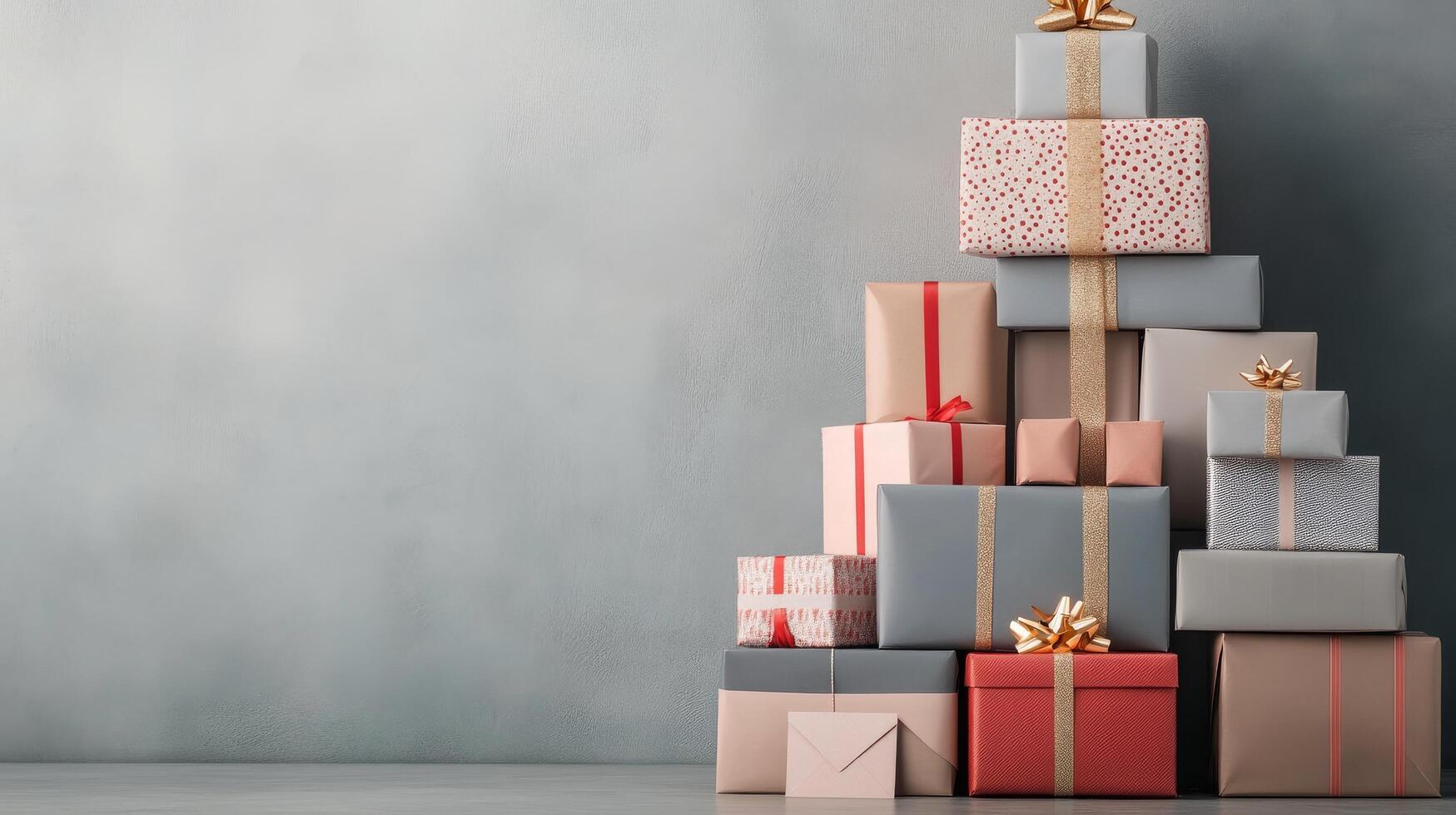 Elegant stacked gift boxes arranged like a Christmas tree in soft pastel colors with a star topper photo