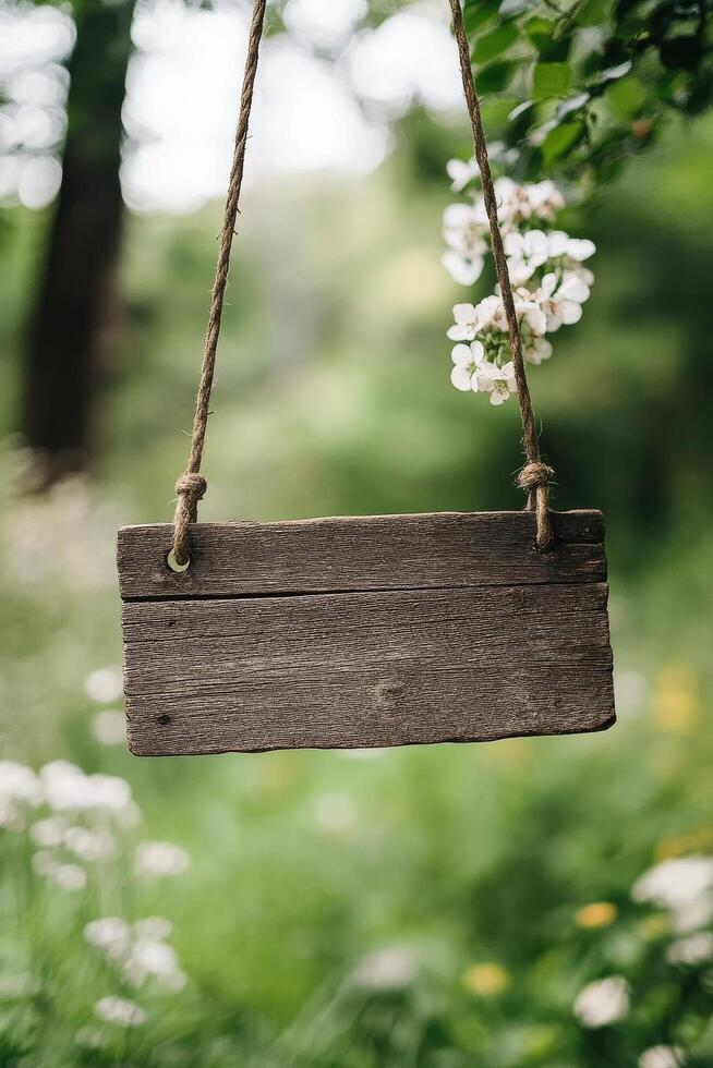 Rustic wooden sign hanging in a forest with blurred greenery in the background photo