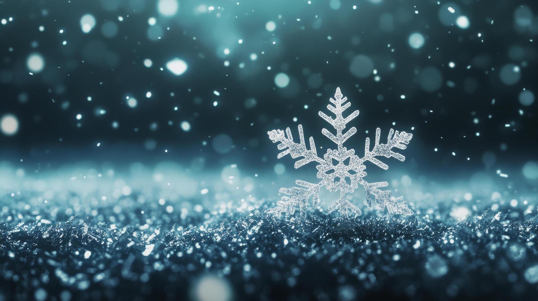 Beautiful snowflake resting on glittering frost under a serene winter sky at night photo