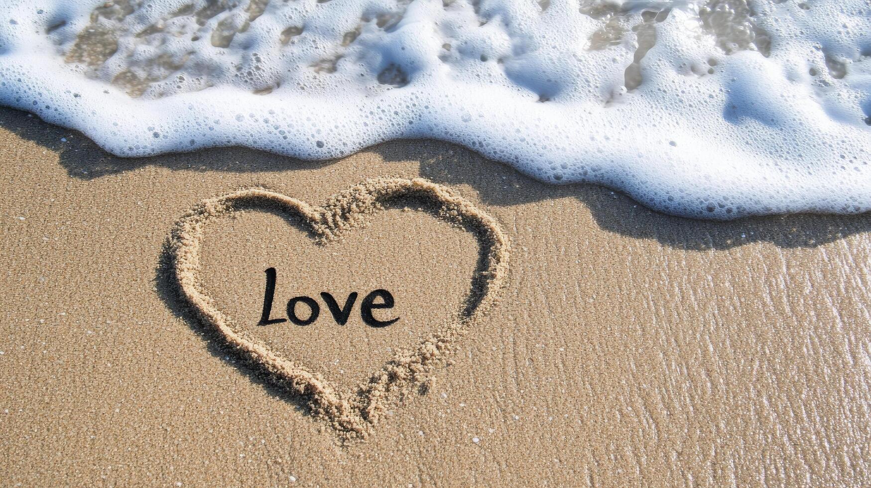 Heart-shaped love message written in sand near ocean waves on a sunny beach photo