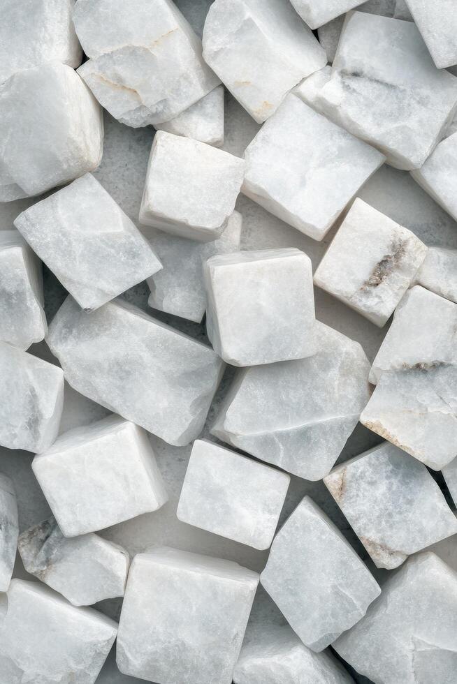 Decorative arrangement of white marble fragments showcasing natural patterns and textures photo