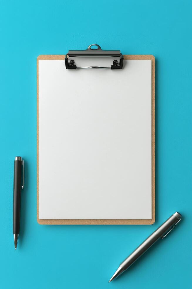 A blank clipboard and pens resting on a vibrant turquoise background for creative tasks photo