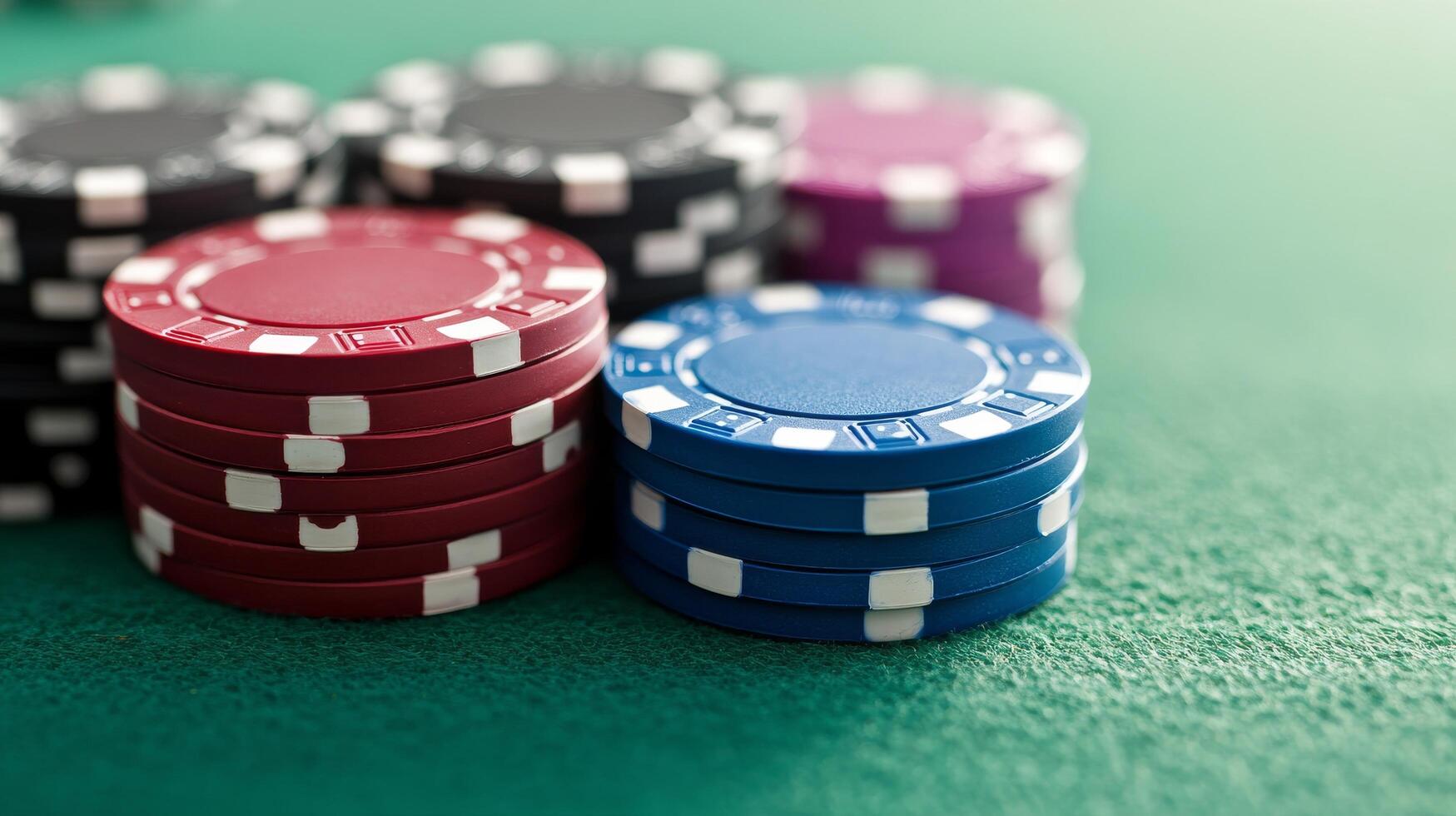 Colorful poker chips stacked on a green felt table in a casino setting during a game night photo
