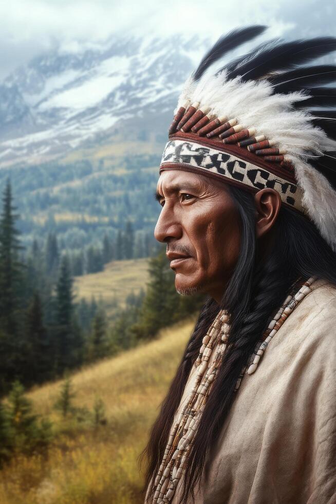 A Native American chief standing proudly on a mountain overlooking a vast valley at sunrise photo