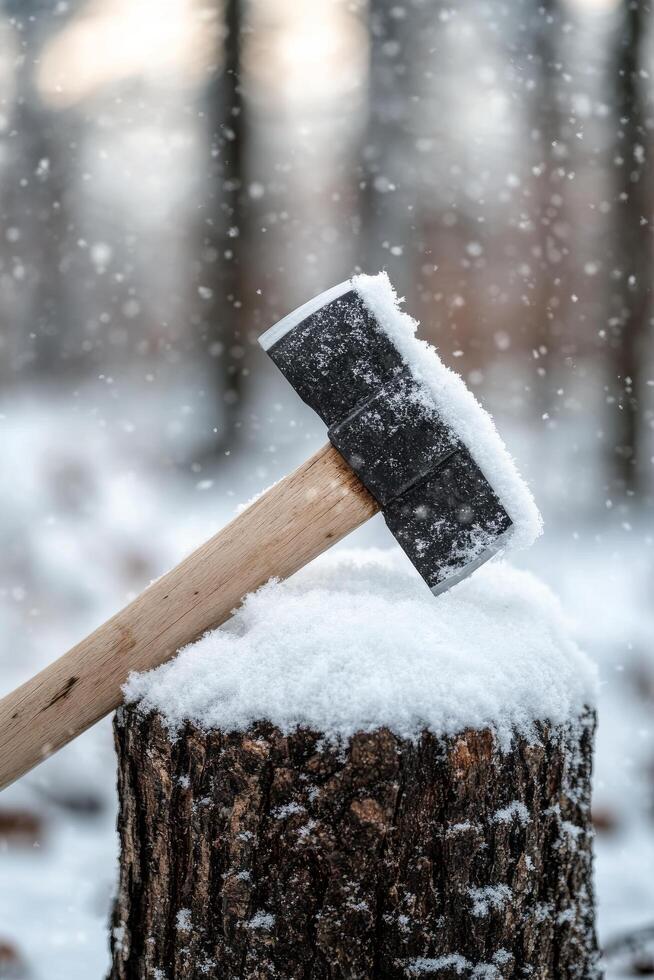 An ax rests on a snowy tree stump surrounded by a tranquil winter forest scene photo